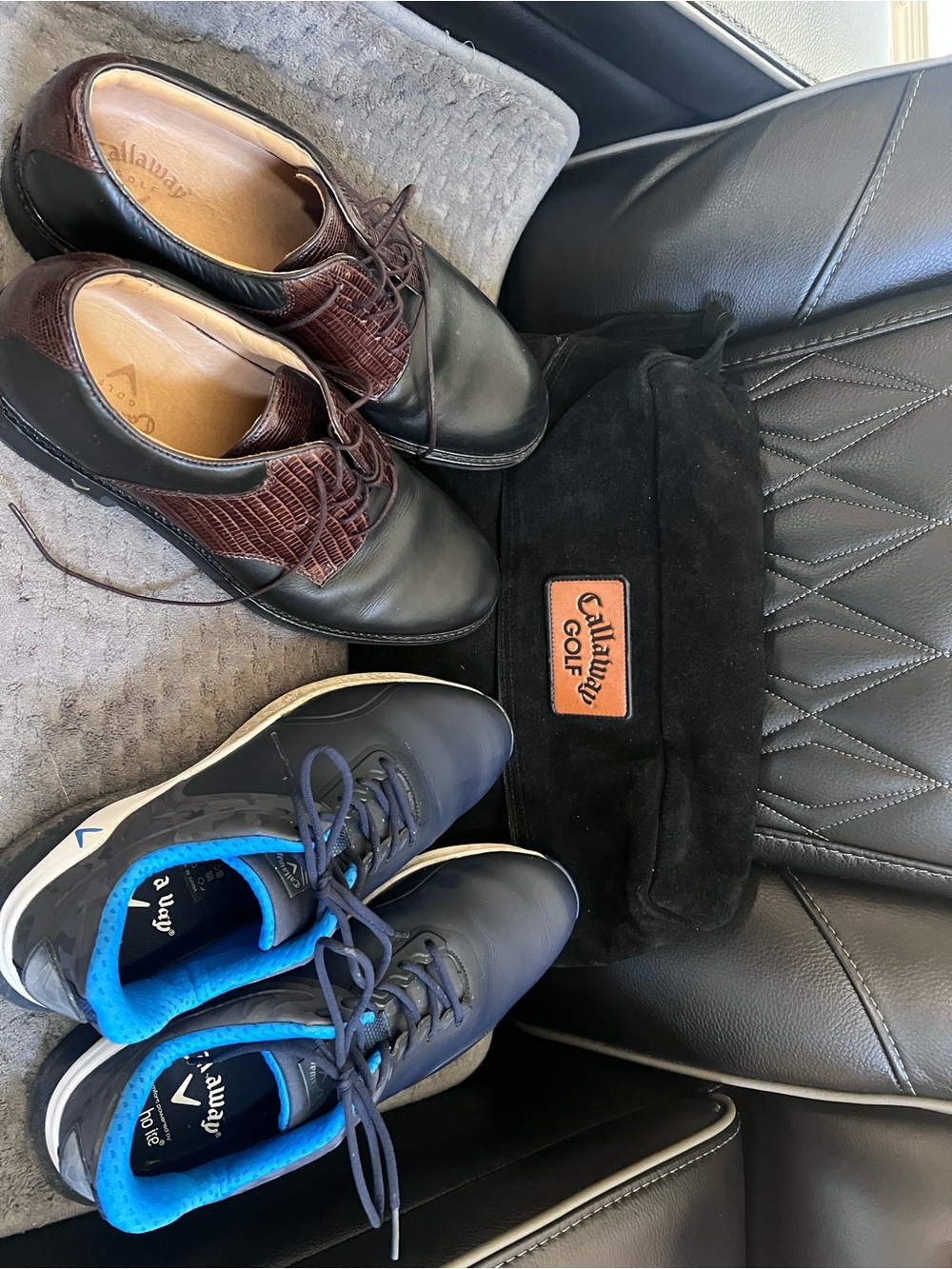 2 pair Callaway Men's Black & Brown Leather and Blue/White  Golf Shoes